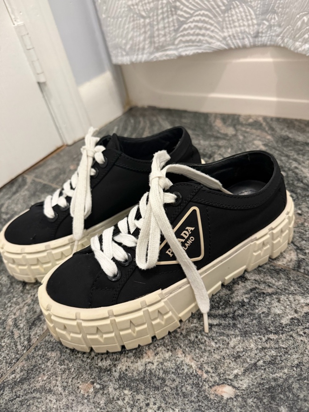 Prada Black Canvas Low-Top Sneakers with Cream Lug Sole - Picture 2 of 5
